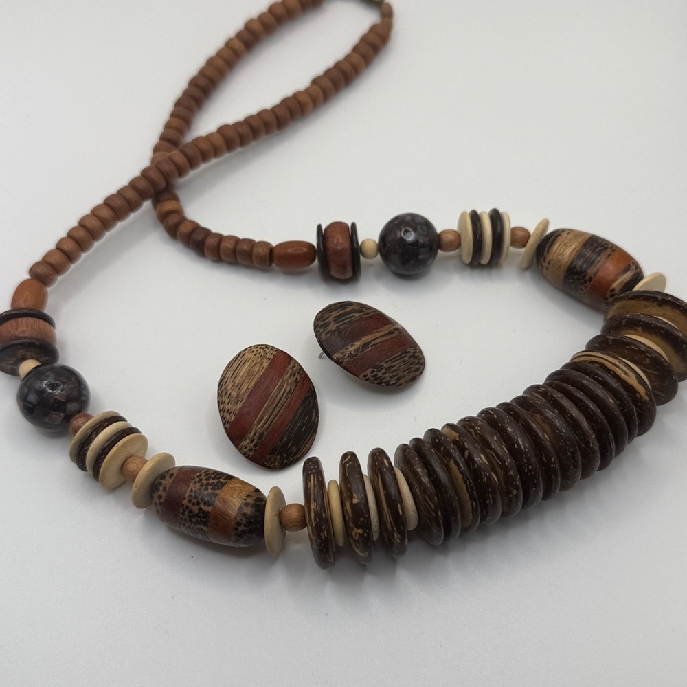 Vintage Wooden Bead Necklace Earrings Chunky Boho Ethnic Natural Wood Discs